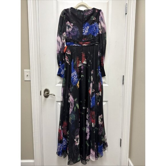 Mac Duggal Size 6 Black Floral 67872 Chiffon Long Sleeve Evening Gown Dress $598 - Picture 8 of 13